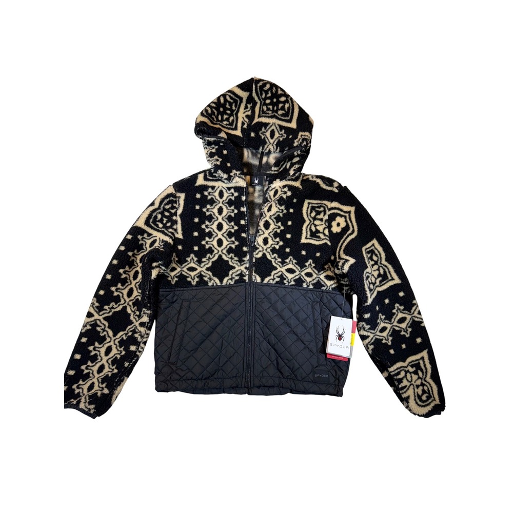 Spyder Women's Fleece Quilted Jacket Black Cream Pattern Hooded Full Zip Size S